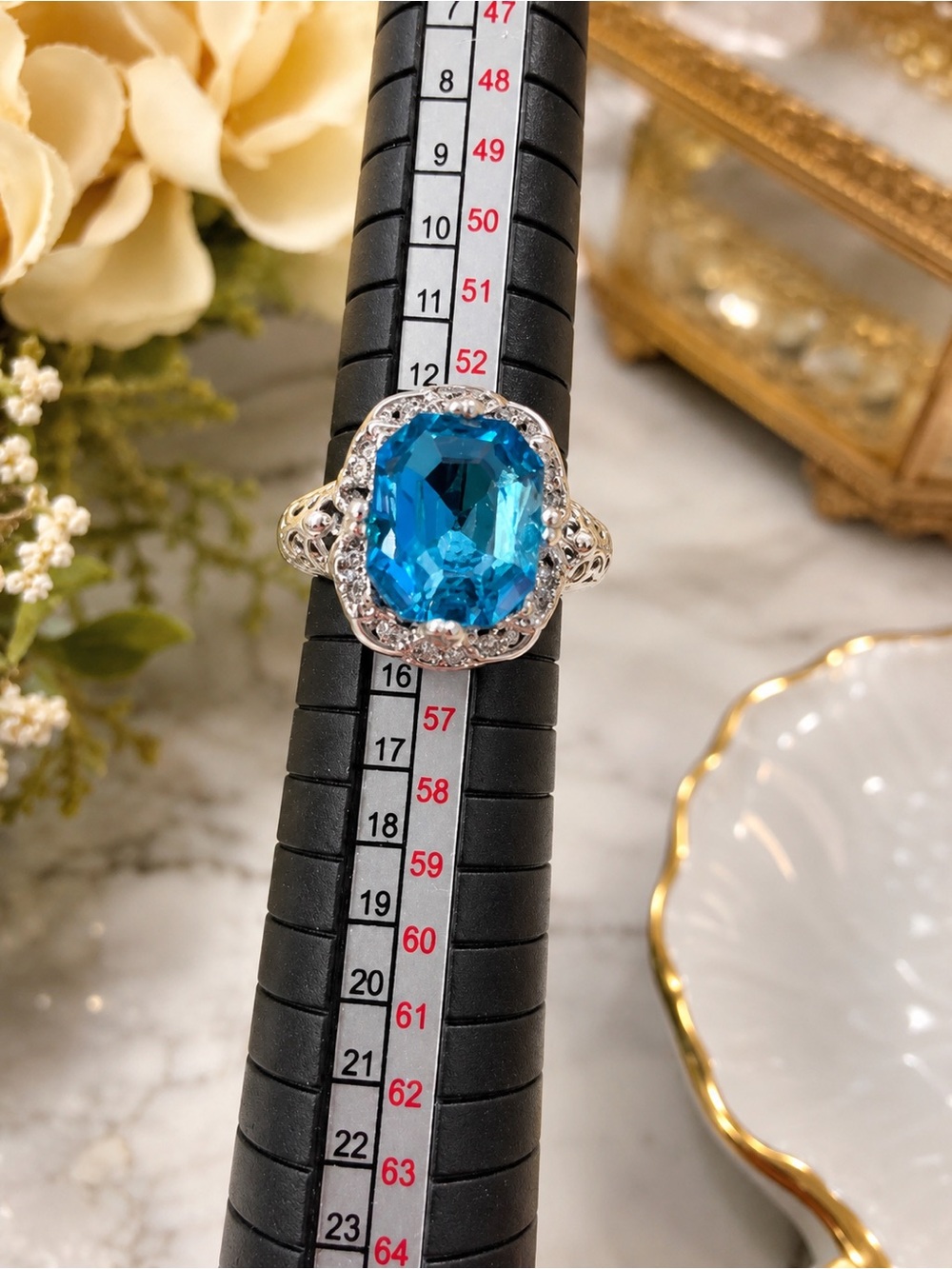 Blue Gemstone Halo Ring - Size 7 Vintage Inspired - Picture 5 of 6